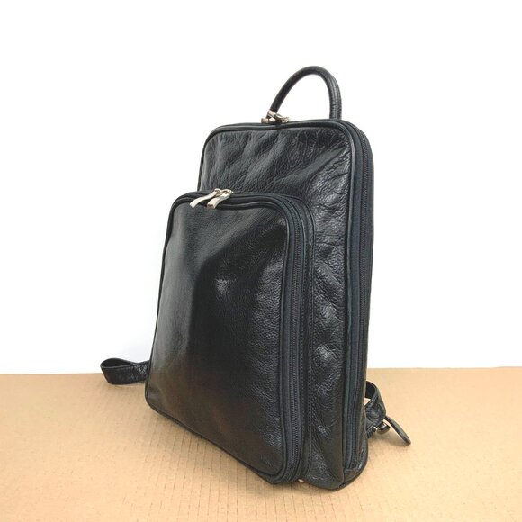Genuine Leather Medium Black Backpack Organizer Business Travel - Picture 2 of 16